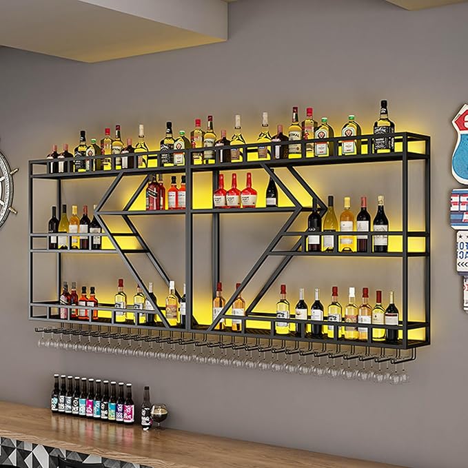 Wall Mounted Wine Rack, Large Metal Wine Bottle Holder, Modern Fashion Diamond Shaped Floating Bar Unit Wine Storage Shelves, for Home Restaurant Bars Decor (Black, 3 Tier - 63in)