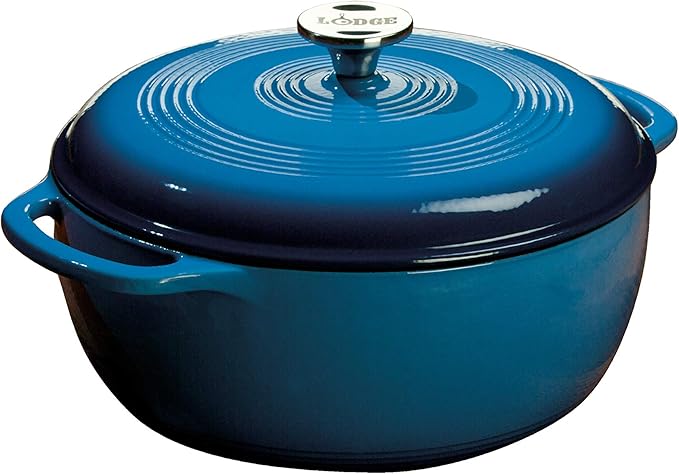 Lodge 6 Quart Enameled Cast Iron Dutch Oven with Lid ??Dual Handles ??Oven Safe up to 500째 F or on Stovetop - Use to Marinate, Cook, Bake, Refrigerate and Serve ??Blue