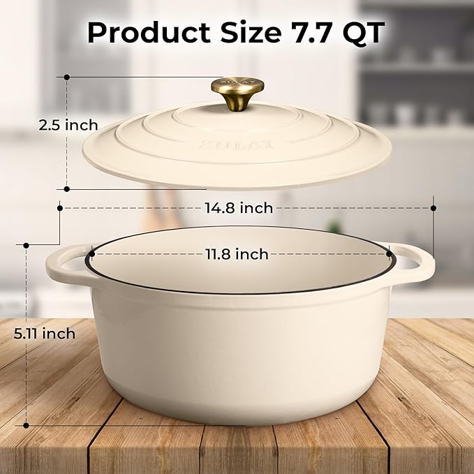 Zulay Kitchen 7.7 Quart Enameled Cast Iron Dutch Oven Pot with Lid ??Premium Durability & Oven Safe up to 500째F ??Heavy Duty Cookware Perfect for Bread Baking, Stews, Braising & Roasting ??Ivory