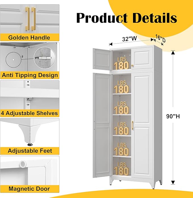 Steeloong90??Kitchen Pantry Cabinet,Metal Storage Cabinets with Doors and 4 Adjustable Shelves,White Kitchen Cabinet with 2 Gold Handles,Tall Cabinet for Livingroom,Pantry, Bathroom