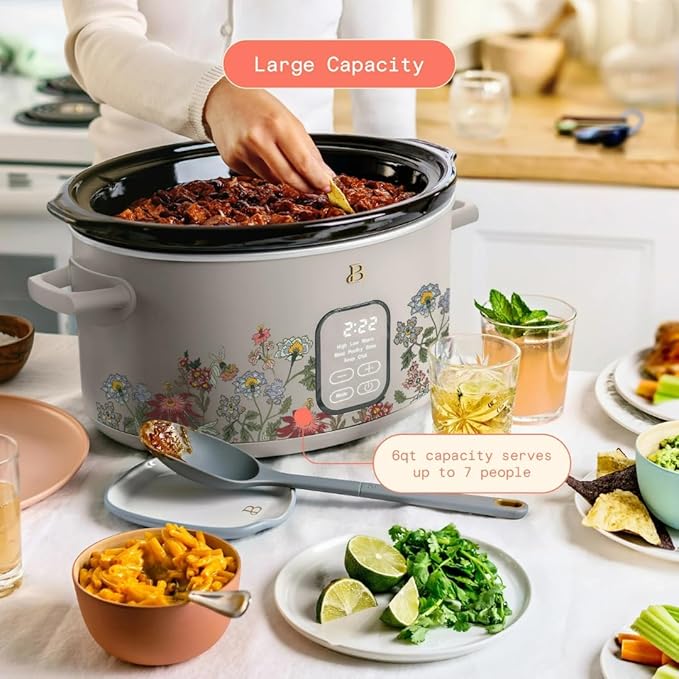 Beautiful 6 Quart Programmable Slow Cooker by Drew Barrymore ??Large Capacity, Ceramic Removable Pot, Tempered Glass Lid, Dishwasher Safe, Auto Keep Warm (Wildflower Porcini Taupe)