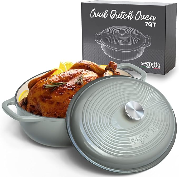 Segretto Cookware Enameled Oval Cast Iron Dutch Oven with Handle 7-Quarts Grigio Scuro (Gray) 7 qt Oven Safe Dutch Oven Pot With Lid Enamel cast Iron Pot Cookware for Bread Baking