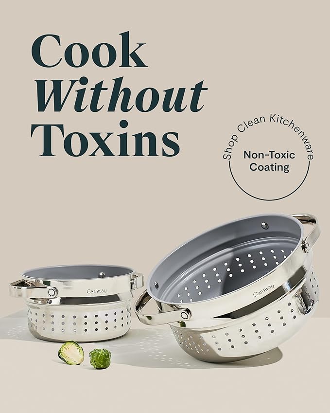 Caraway Steamer Duo - Stainless Steel Steamer with Handles - Non Stick, Non Toxic Coating - Steam Veggies, Seafood, and More - Compatible With Our Dutch Oven or Sauce Pan