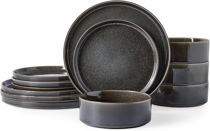 Stoneware Dinnerware Sets, Plates and Bowls Set for 4, 12-Piece Modern Stoneware Dinnerware ??Chip Resistant, Non-Toxic, Dishwasher and Microwave Safe Tableware竊똆lossy Black
