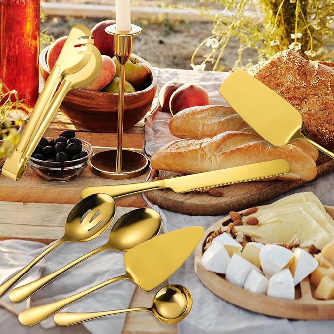 AARAINBOW Hostess Serving Utensils Set Large, 8 Pcs Stainless Steel Serving Utensils for Parties Buffet, Flatware Serving Sets with Serving Spoon Slotted Spoons Serving Forks (Golden)