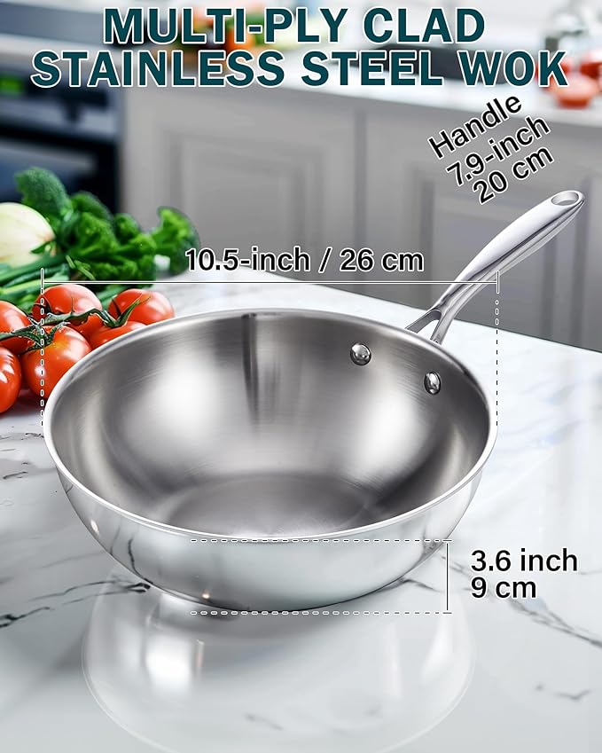 Cooks Standard Multi-Ply Clad Stainless Steel Wok Stir Fry Pan, 10.5 inch Induction Wok with Lid, Flat Bottom Wok, Silver