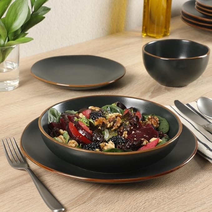 Gibson Home Hazeltine 16-Piece Black Stoneware Dinnerware Set ??Plates and Bowls, Durable Ceramic Kitchen Dinner Set