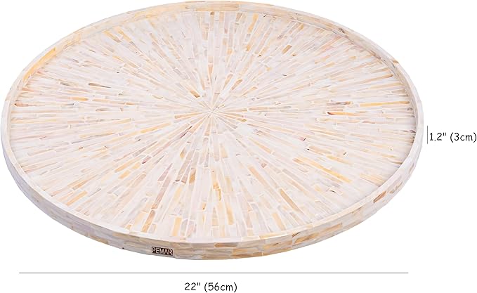 PEMAR 22" Round Mother of Pearl Extra Large Ottoman Tray with Raised Edge, Oversized Decorative Luxury Wooden Serving Tray for Food, Coffee Table, Breakfast in Bed (White Cream Sunlight)