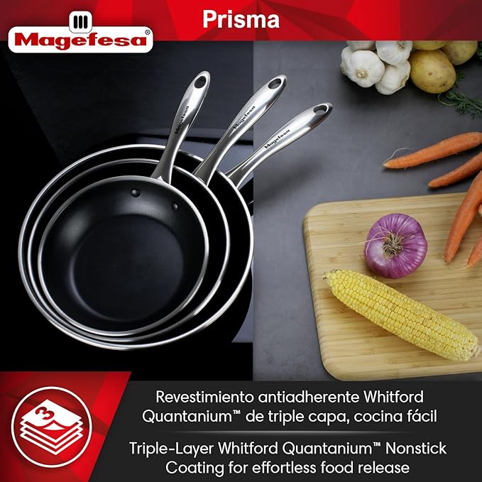 Magefesa Prisma Frying Pan Set, 7.9" & 11", 18/10 Stainless Steel, Triple-Layer Nonstick, Works on All Stovetops Including Induction, Oven Safe to 392째F, Dishwasher Safe, Durable Cooking Skillets