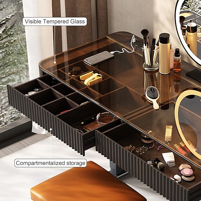 Lartis Vanity Table with Stool,Electric Lift Vanity Desk,Vanity Set竊똗p and Down Desk, Standing Vanity with Drawer (Black Brown, 50 in)