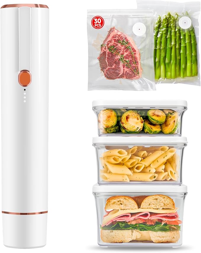 Vacuum Sealer, Vacuum Sealer for Food Compact Handheld Vac Seal Machine, Seal Meal Saver Portable Food Sealer (Vacuum Sealer Machine + 3 Food Storage Containers + 30 Reusable Bags)