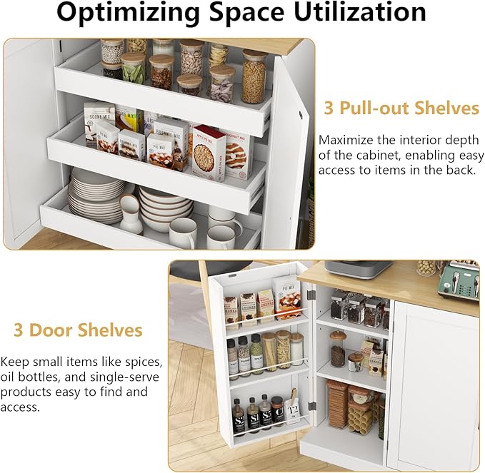 71" Tall kitchen Pantry Storage Cabinet, Modern Kitchen Hutch with 3 Pull-out Drawers, Kitchen Pantries with Microwave Stand & Door Shelf, Food Pantry with Adjustable Shelves for Dining Room (White)