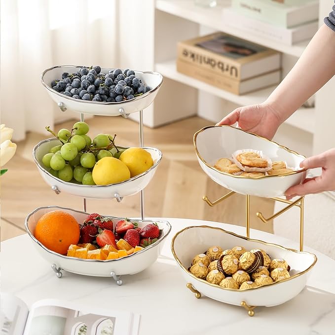 2 Tier Ceramic Fruit Bowl for Kitchen Counter, Tiered Fruit Basket for Countertop, Modern Multi Layer Fruit Display Stand for Party, Cute (Silver-rimmed, Small)