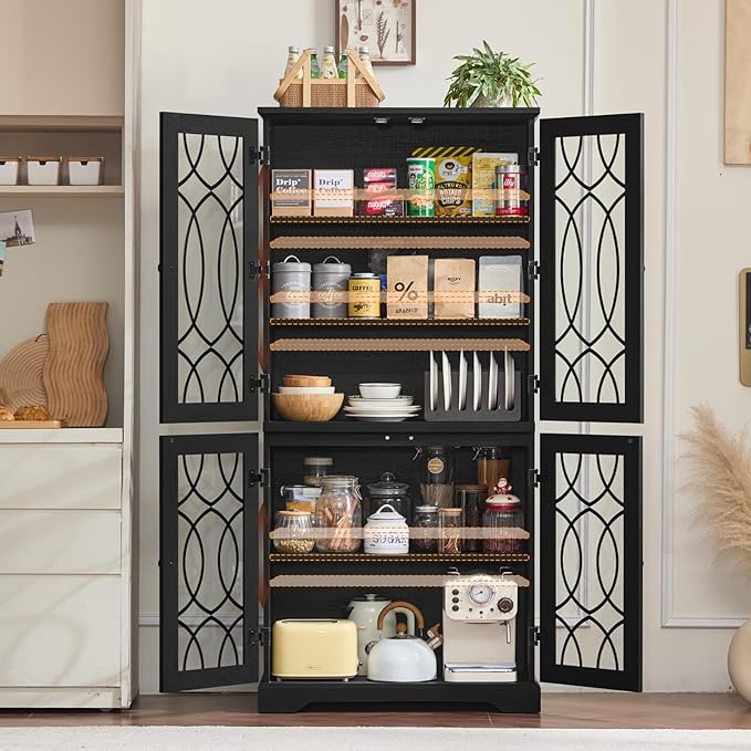 67" Tall Pantry Cabinet Set of 2, Vintage Kitchen Pantries Cabinets with Glass Doors & Adjustable Shelves, Wood Cupboard with Large Storage for Dingning Room, Bathroom, Black