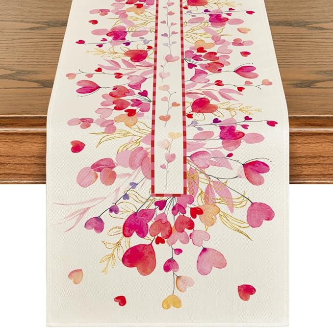 Artoid Mode Red Pink Heart Branch Valentine's Table Runner, Seasonal Leaf Kitchen Dining Table Decoration for Home Party Decor 13x36 Inch