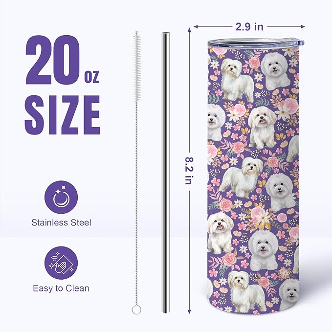 Yogusut Maltese Dog Gifts for Women, 20oz Stainless Steel Insulated Tumbler Travel Mug Cup with Lid Straw Brush, Gifts for Dog Mom Dog Lover