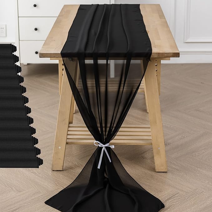 flohar 12Pack 9ft Chiffon Table Runner 14x108 Inch Sheer Romantic Table Runner for Wedding Birthday Party Bridal Shower Outdoor Decoration-Black