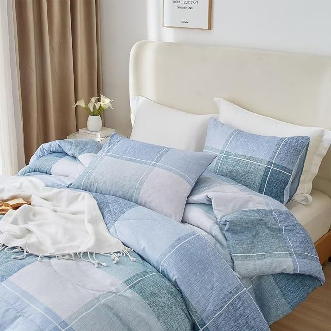LifeTB Blue Checkered Comforter King Comforter Set Geometric Checkered Plaid Bedding Comforter for Men Boys Fluffy Soft Lightweight Bedding Boho Plaid Comforter Set for All Seasons King Size