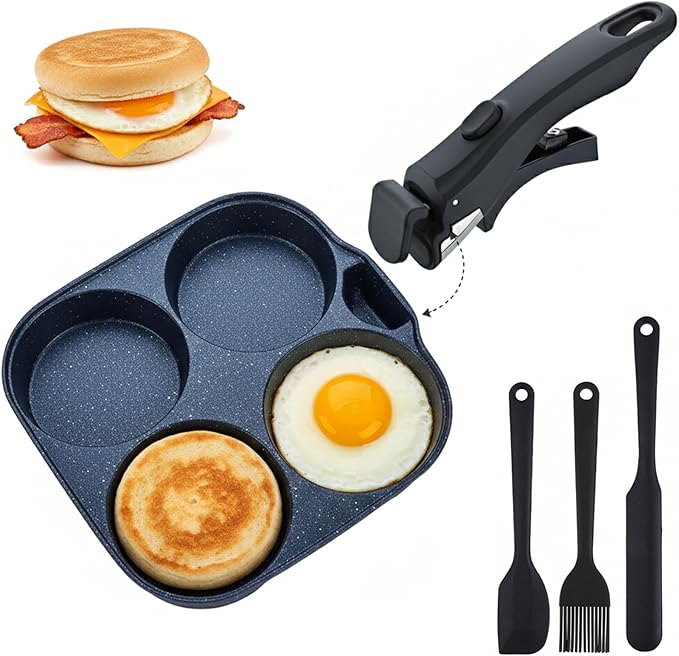 4-Cup Egg Pan Nonstick, Aluminum Omelette Pan with Detachable Handle, Fast Heating Breakfast Omelette Skillet for Fried Eggs Cooker, Pancakes, Suitable for Gas Stove & Induction Cookware