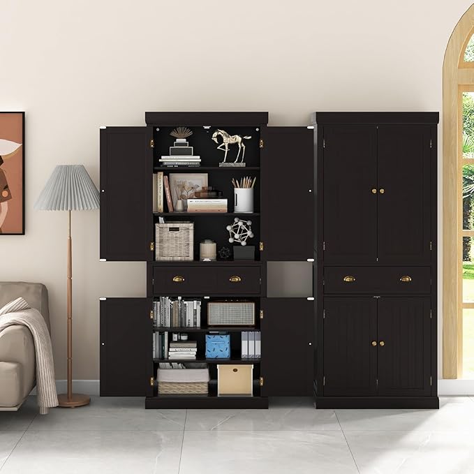 DORTALA 72??Tall Kitchen Pantry Cabinet, Wood Storage Cupboard w/ 4 Adjustable Shelves, 2 Cabinets & Drawer, Utility Freestanding Storage Cabinet for Kitchen, Hallway, Living Room, Brown