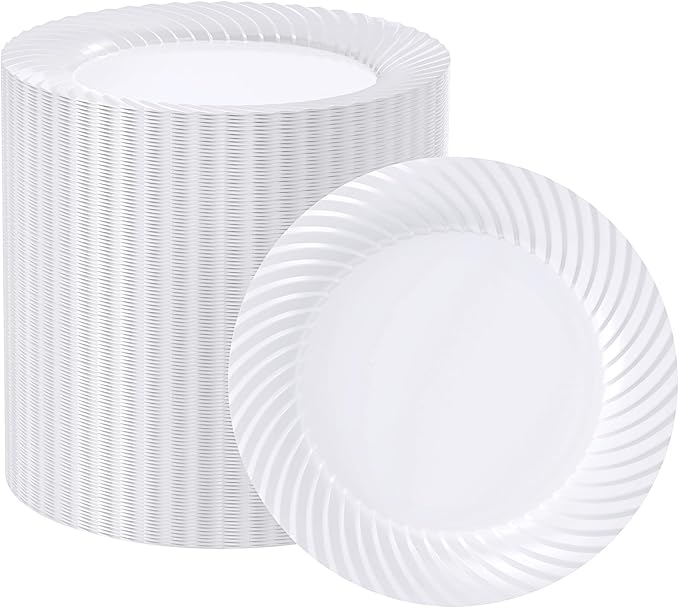 FOCUSLINE 7 Inch White Plastic Plates, 100 Count Disposable Heavy Duty Salad Dessert Plates, Premium Hard Plastic for Weddings, Parties and Events