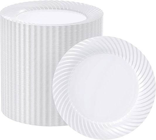 FOCUSLINE 7 Inch White Plastic Plates, 100 Count Disposable Heavy Duty Salad Dessert Plates, Premium Hard Plastic for Weddings, Parties and Events