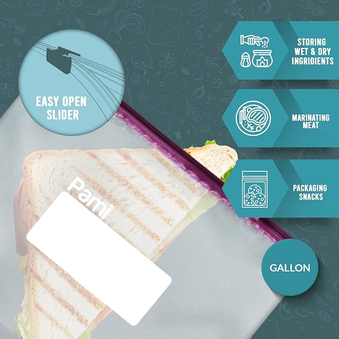 PAMI Leakproof Reusable Slider Freezer Bags with Expandable Bottom and Write-On Label, Thick Storage Bags (Gallon 40 Clear)