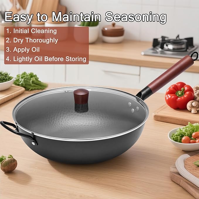 Wrought Iron Flat Bottom Wok with Glass Lid ??Detachable Wooden Handle, Non-Coated Naturally Nonstick Frying Pan for Gas, Electric & Induction Stoves (Black Wok with Helper Handle, 13.4 inch)