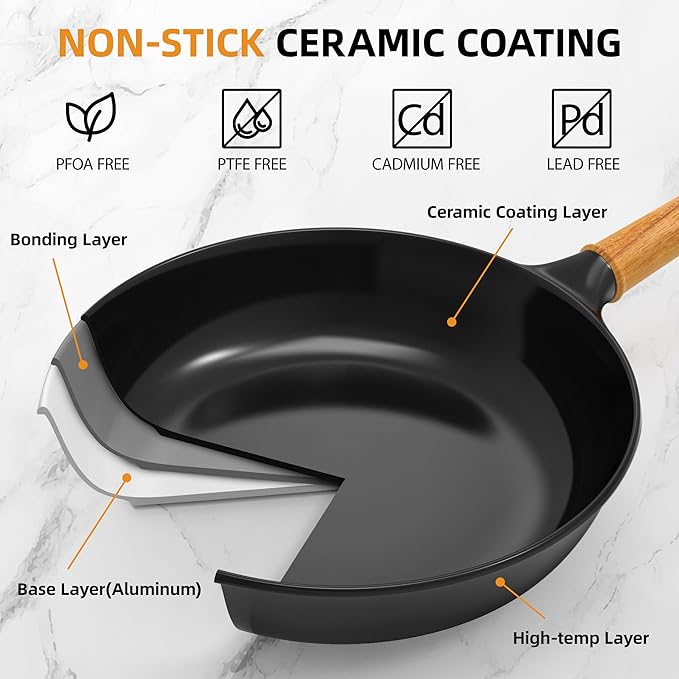 Nonstick Frying Pan with Lid ,10 Inch Deep Fry Pan, Toxin-Free Ceramic Cookware Skillets, Healthy Non Toxic Saute Pan with Helper Handle,Wabi-Sabi Style Fry Pan Compatible with All Stovetops