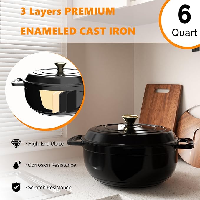 ROVSUN Enameled Cast Iron Round Dutch Oven, 6QT Pot with Lid &Dual Handles with Silicone Gloves,Oven Safe up to 500째F, Heavy-Duty Pre-Seasoned Cookware for Bread Baking, Braising, Stews, Roasting, Black