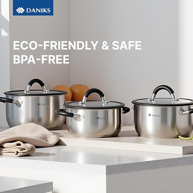 Daniks Orlando 10-Piece Stainless Steel Cookware Set with Glass Lids, Includes Saucepan, Tri-Ply Bases for Even Heating, Induction Compatible, Dishwasher Safe, Heatproof Handles
