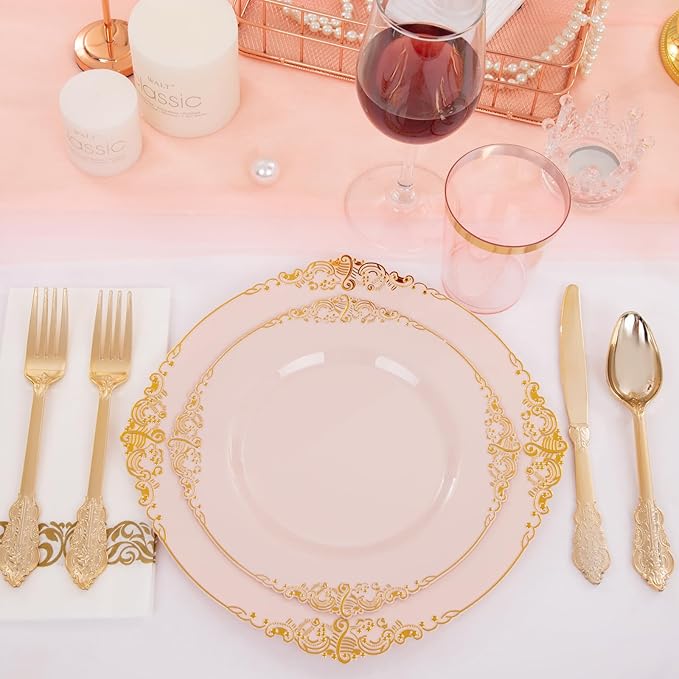 Morejoy 175pcs Pink Plastic Plates - Pink and Gold Disposable Plates sets, Include 25 Dinner Plates,25 Dessert Plates,25 Cutlery Sets,25 Napkins Perfect for Wedding & Party & Holiday & Christmas