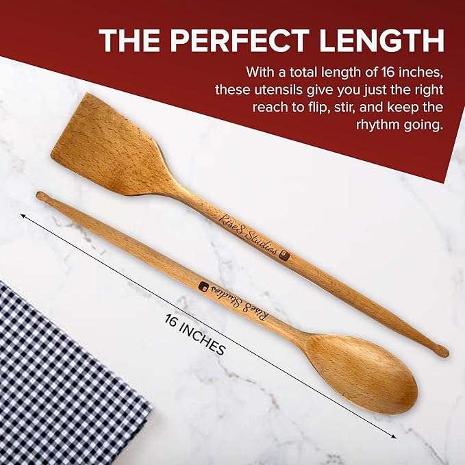Drumstick Kitchen Utensils (2-Pc Set) - Beechwood Wooden Spoons, Drumstick Cooking Utensil Set, Funny Kitchen Gadgets, Unique Gifts for Drummers, Musicians, Men, Women