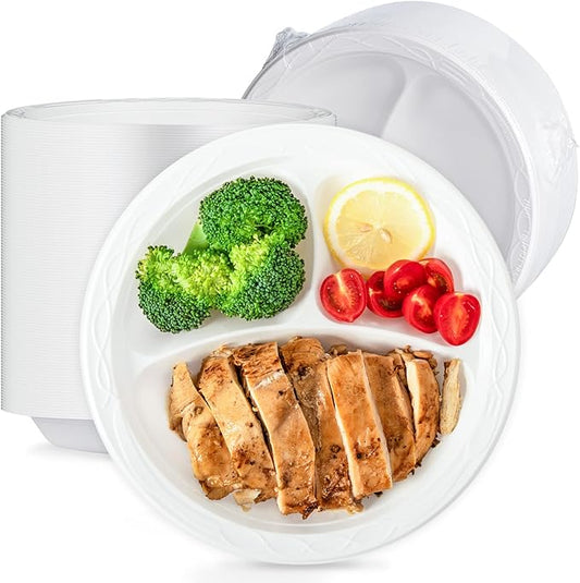 Party Plates Mineral Filled PP Plastic 9" - 150 Pack Shrink Wrap BPA Free Dinner Tray | Dishwasher & Microwave Safe | 3 Compartment Heavy Duty White Reusable & Disposable Plate for Catering