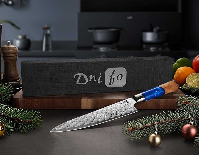 Damascus Chef Knife 8 Inch, Japanese Handcrafted Sharp Kitchen Knife with 67-Layer Damascus Steel & VG10 Core, Blue Resin & Natural Birch Wood Handle, Unique Ideal Christmas Gift for Family & Friends