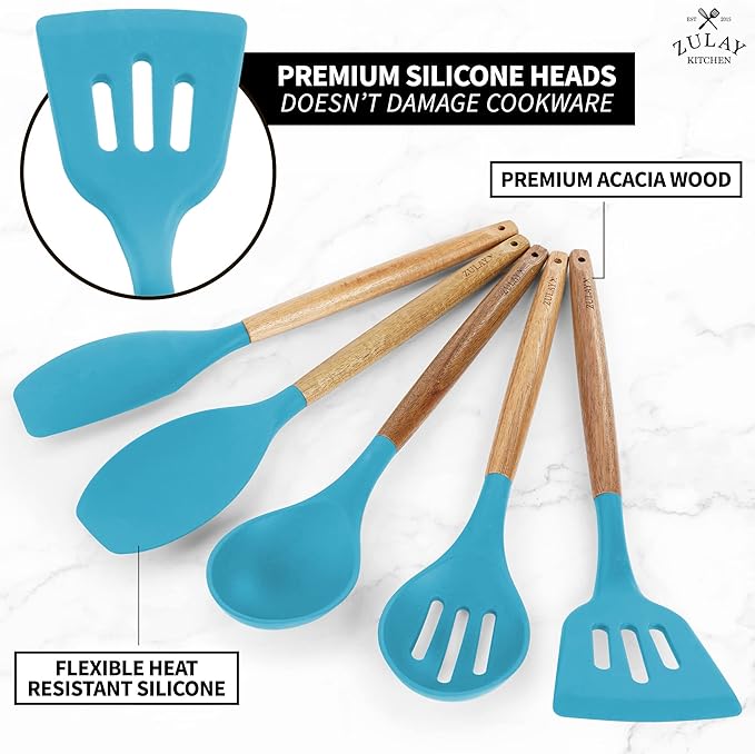 Zulay Kitchen Non-Stick Cooking Utensils Set with Authentic Acacia Wood Handles ??5-Piece Durable & Stylish Silicone Kitchen Utensils Set ??Heat Resistant to 464째F ??Blue