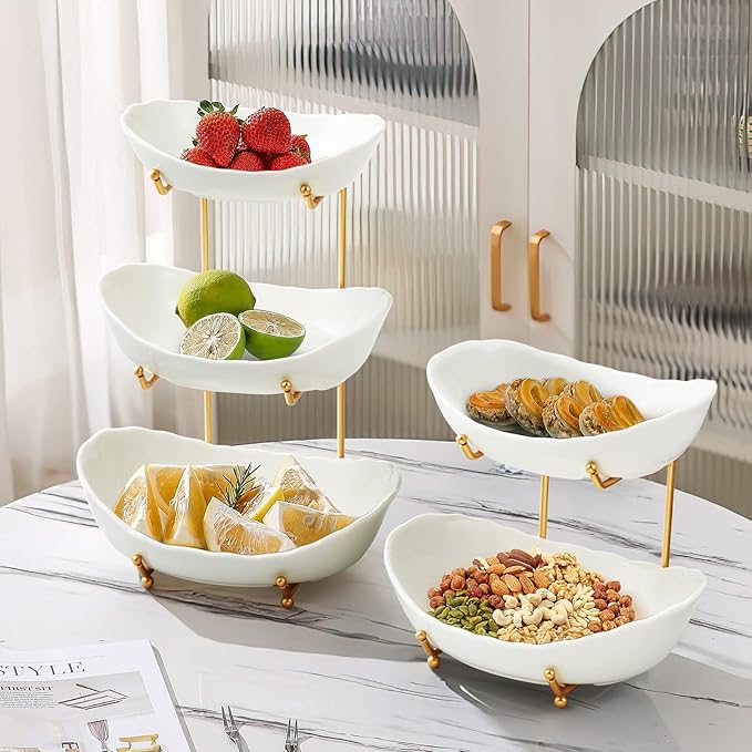 Ceramic Fruit Bowl for Kitchen Counter - 3 Tier Fruit Basket with Metal Stand, Tiered Fruit Stand for Countertop, Snack, Nuts, Cake, Dessert, Cute (Gold, Small)