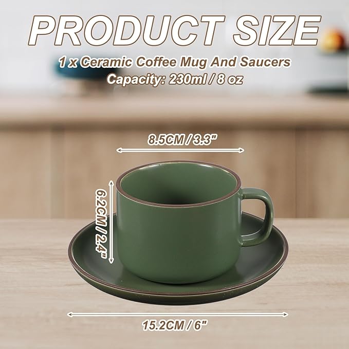 uxcell Handmade Vintage Espresso Cups, 8 oz Coffee Cups and Saucers Ceramic Tea Cup with Handle Dishwasher and Microwave Safe for Latte Cappuccino Milk Office Home Gifts, Pure Dark Green