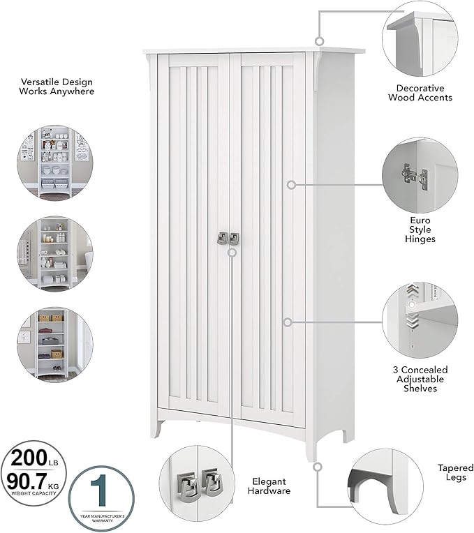 Bush Furniture Salinas Kitchen Pantry Cabinet with Doors in Pure White