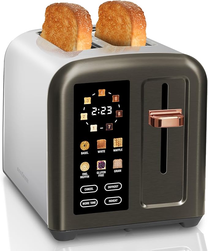 SEEDEEM Toaster 2 Slice, Full Touch Control Stainless Toaster, LCD Display, 50% Faster Heating Speed, 6 Bread Type, 7 Shade Setting, 1.5''Wide Slots, Removable Crumb Tray, 1350W, Dark Metallic