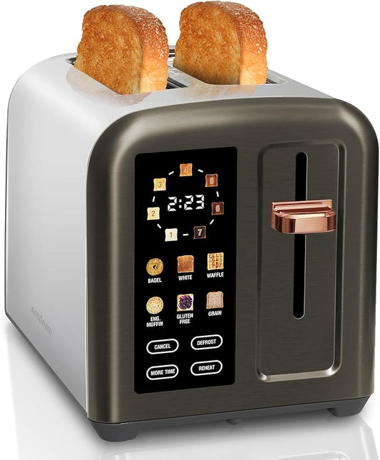 SEEDEEM Toaster 2 Slice, Full Touch Control Stainless Toaster, LCD Display, 50% Faster Heating Speed, 6 Bread Type, 7 Shade Setting, 1.5''Wide Slots, Removable Crumb Tray, 1350W, Dark Metallic