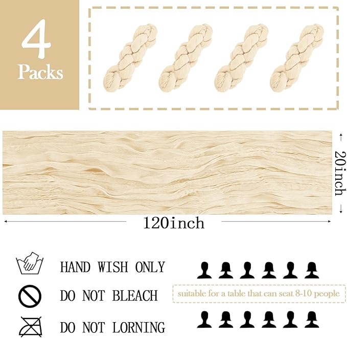 4 Pack Ivory Cheesecloth Table Runner 20 x 120 inch Gauze Table Runners 10 FT Long,Semi Sheer Cheese Cloth Fabric Table Runner Bulk for Wedding,Party,Baby Shower,Bridal Shower Decoration