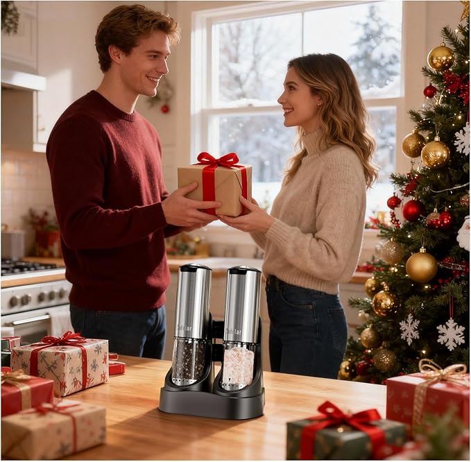 Electric Rechargeable Salt and Pepper Grinder Set,Automatic Pepper Mill Grinder with USB C Charging Dock,Upgraded 95ml Large Capacity,Adjustable Coarseness,LED Light,Stainless Steel