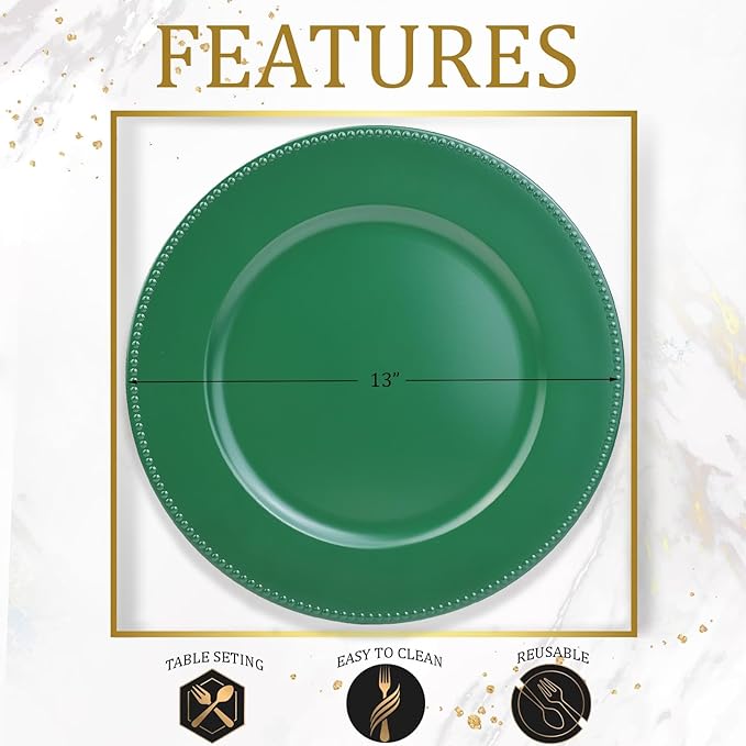 Set of 12 Green Charger Plates with Beaded. 13" Reusable Plastic Table Chargers for Dinner Plates