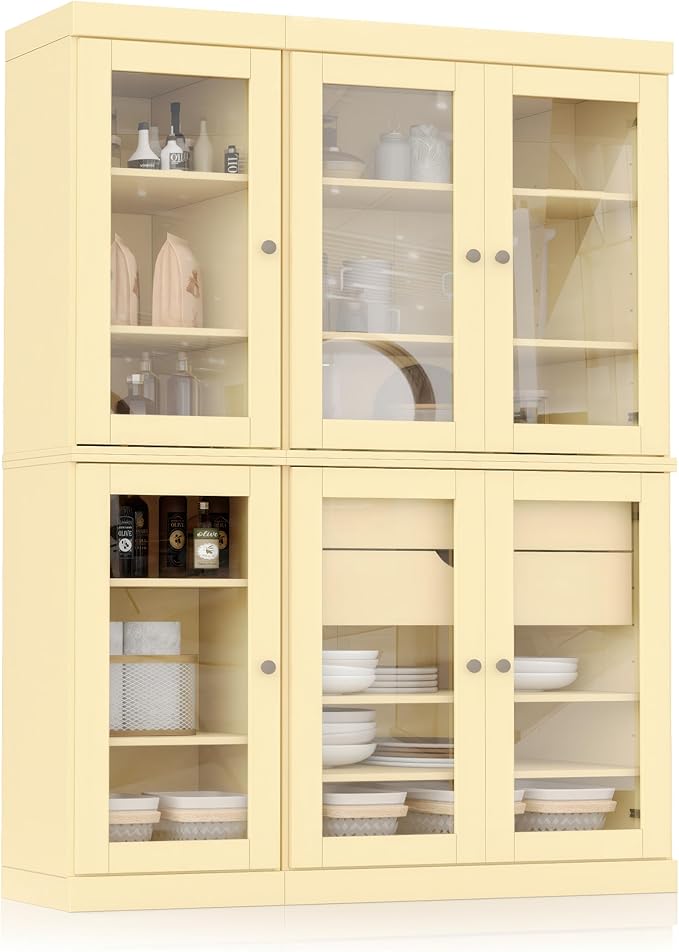 Palace Imports 100% Solid Wood 48.5" Pantry China Cabinet with Clear Glass Doors, 2-Drawers and Adjustable Shelves (Yellow)