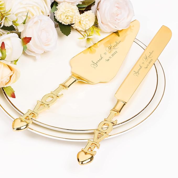 Wedding Cake Knife and Server Set, Personalized Gold Cake Cutting Set for Wedding, Engraved Classic Cake Knives Cutter Set, Pie Server, Birthday Bridal Quincea챰era Gift (CUS-Love)