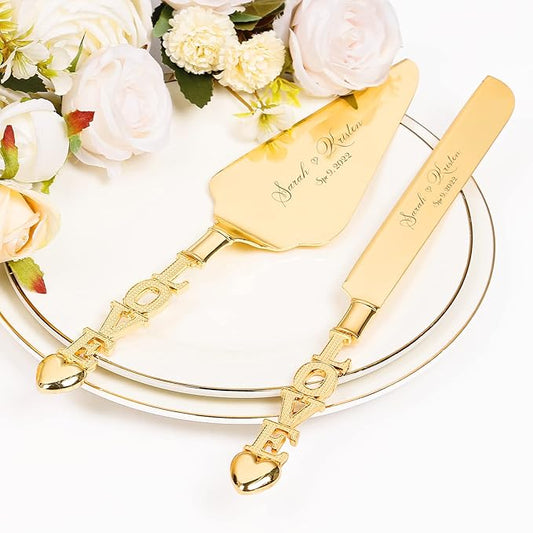 Wedding Cake Knife and Server Set, Personalized Gold Cake Cutting Set for Wedding, Engraved Classic Cake Knives Cutter Set, Pie Server, Birthday Bridal Quincea챰era Gift (CUS-Love)