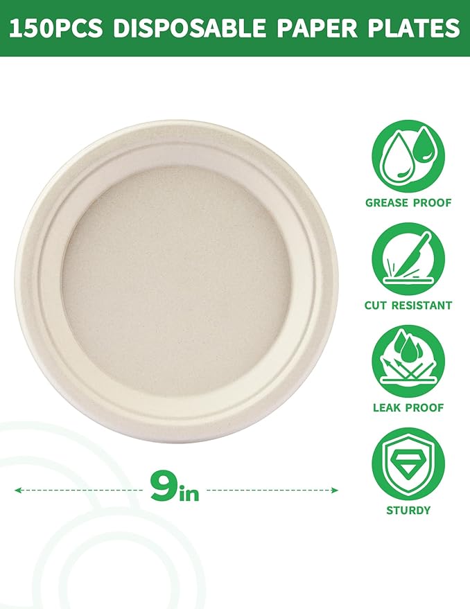 150Pack Compostable Paper Plates 9Inch Disposable Dinner Plates Heavy Duty Eco-Friendly Paper Food Trays Biodegradable Bagasse Plates for Meals, Parties, Wedding, Christmas