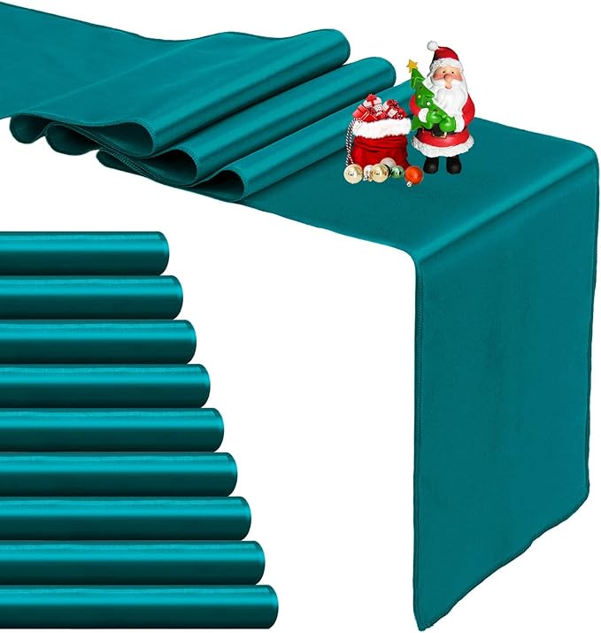 10-Pack Peacock Blue Satin Table Runner 12 x 108 Inch Long Bright and Smooth Silk Fabric Table Runner for Wedding Banquet Birthday Party Decoration
