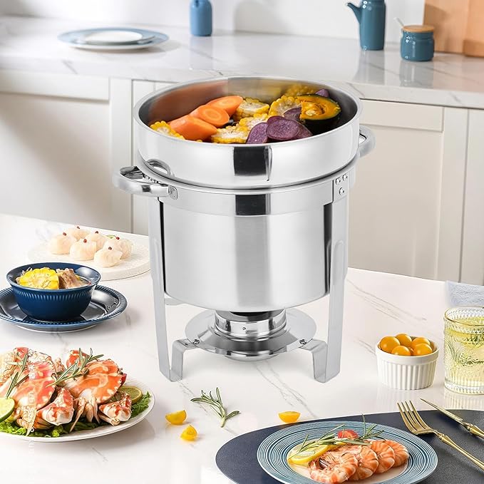 Garvee 7QT Commercial-Grade Soup Chafer Set of 4, Stainless Steel Round Food Warmers with Pots, Notched Lids & Fuel Holders, Commercial Buffet Equipment for Large Banquet Service & Buffet Catering